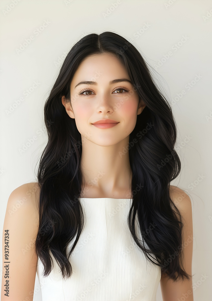 Portrait of a Young Woman with Long Wavy Hair in a White Dress Portrait of a Young Woman with Long Wavy Hair in a White Dress