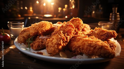 Buffalo wings with melted hot sauce on a wooden table with a blurred background