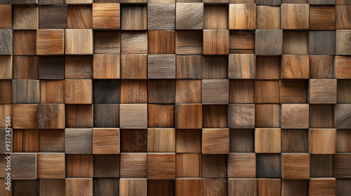 A wall covered in wooden cubes of various sizes and shades of brown, arranged in a grid pattern. 