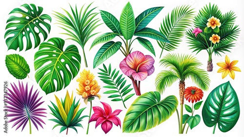 Vibrant colorful icons of exotic tropical plants, including palms, hibiscus, and monstera, isolated on white background, perfect for web and graphic design projects.