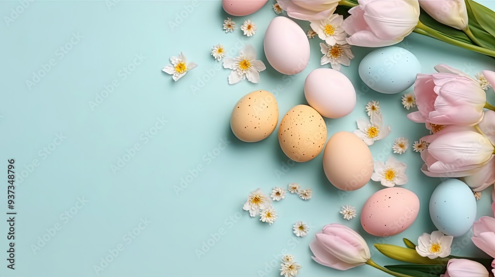 Top View of Happy Easter Day banner concept design of colorful eggs and plants on pastel background Top View of Happy Easter Day banner concept design of colorful eggs and plants on pastel background