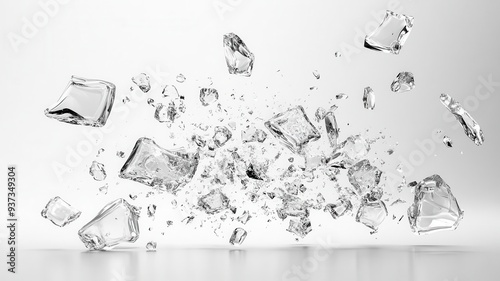 Dynamic explosion of crystal-clear ice fragments frozen in time, showcasing intricate shapes and reflections.