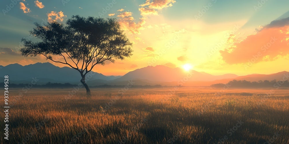 Fototapeta premium serene sunrise over a vast savannah
