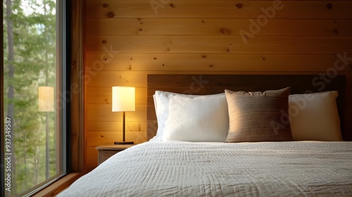 Cozy bedroom, distressed wood bed frame, vintage quilts, rustic decor, soft lighting photo