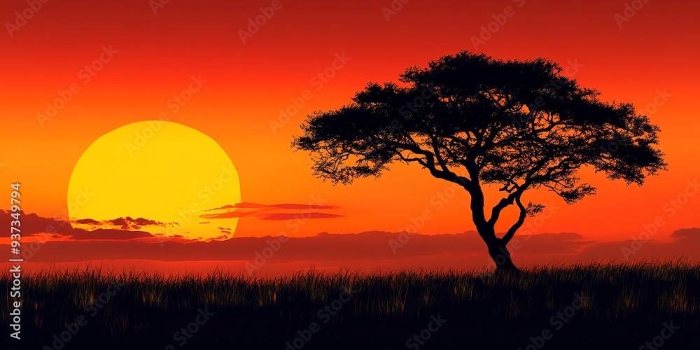 Obraz premium silhouette of tree at sunset in savanna