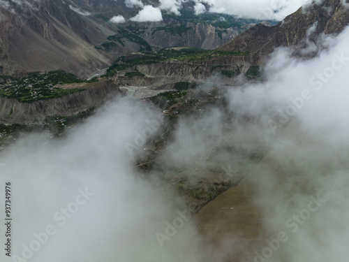 Aerial VIew of Hunza valley from very close to the clouds, Himalayas, Northern Pakistan