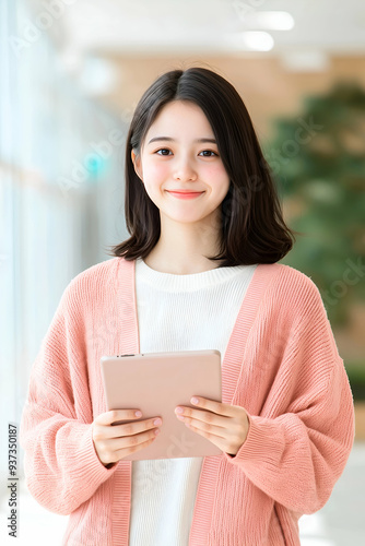 Smiling Young Woman Holding Tablet in Modern Bright Interior