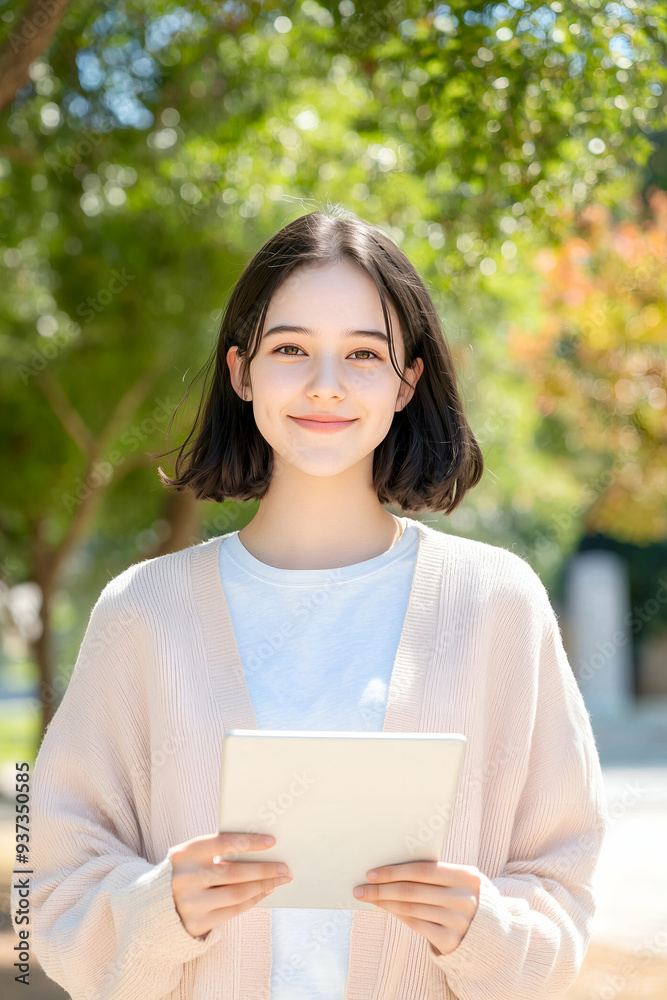 Smiling Young Woman Holding Tablet in Modern Bright Interior Smiling Young Woman Holding Tablet in Modern Bright Interior