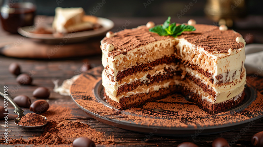 Luxurious tiramisu cake with layered sponge cakes and cream, garnished with cocoa powder, sliced on a wooden table Luxurious tiramisu cake with layered sponge cakes and cream, garnished with cocoa powder, sliced on a wooden table