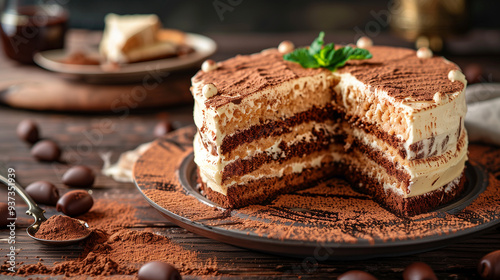 Luxurious tiramisu cake with layered sponge cakes and cream, garnished with cocoa powder, sliced on a wooden table