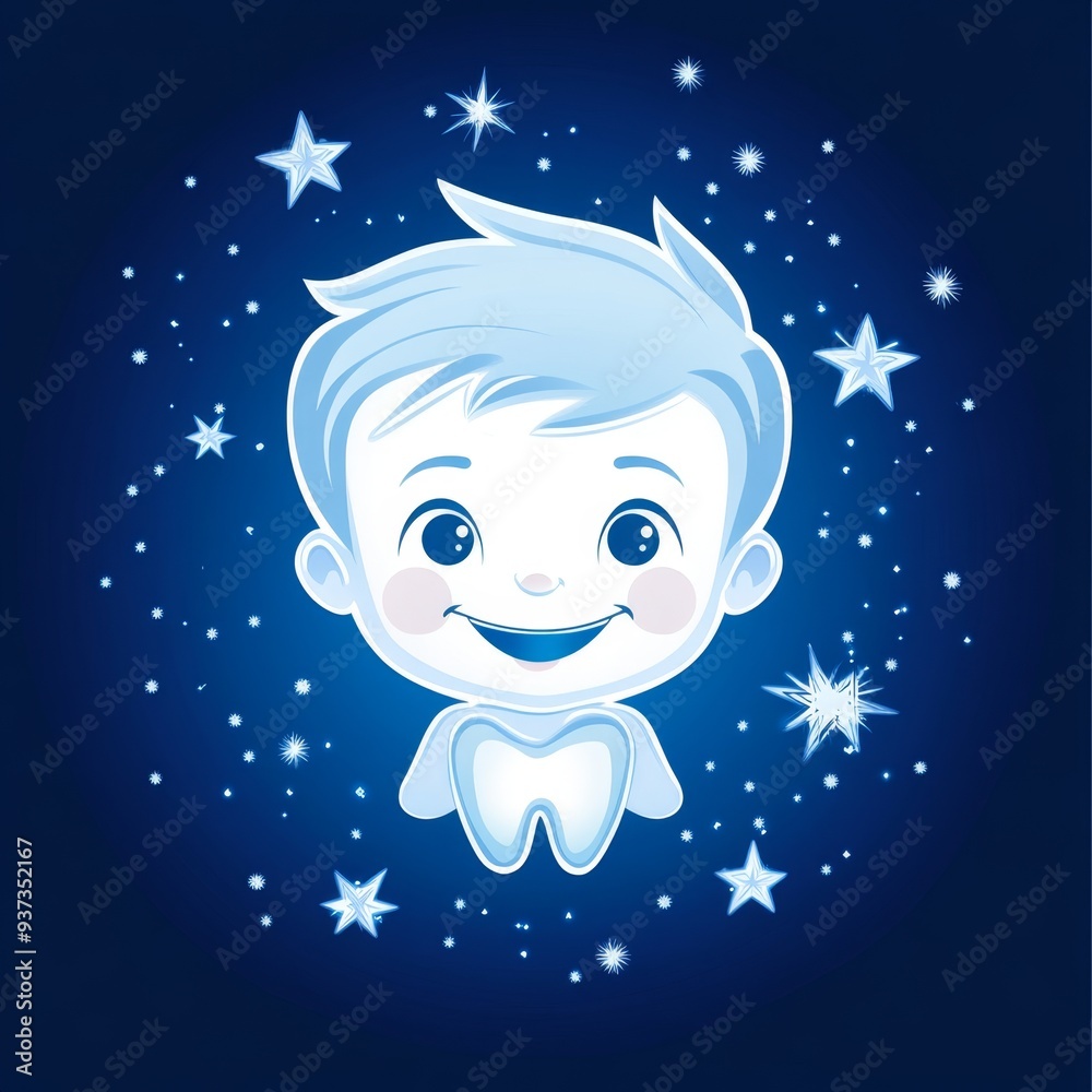 Fototapeta premium Creative Pediatric Dental Logo: Smiling Child Face Merged with Tooth Design. Abstract Concept for Children's Oral Health Care and Protection. Minimalist Composition for Clinic Branding, Marketing Mate