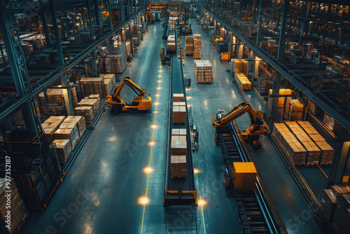 Inside a modern automated warehouse, robotic arms are moving packages on a conveyor belt under surveillance. The warehouse is brightly lit and the shelves are fully stocked