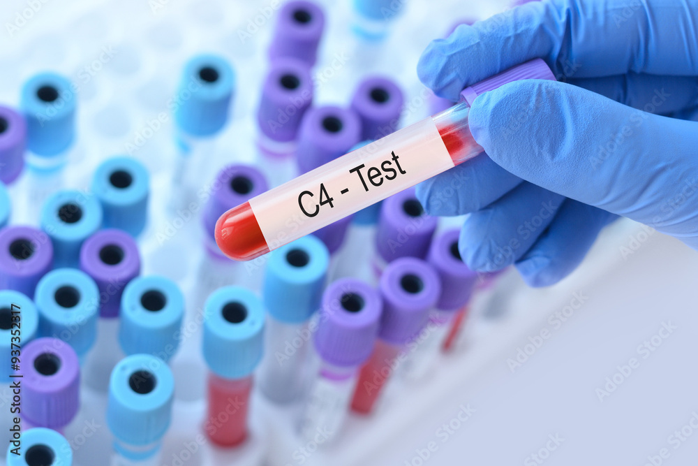 Doctor holding a test blood sample tube with C4 test on the background of medical test tubes with analyzes. Doctor holding a test blood sample tube with C4 test on the background of medical test tubes with analyzes.