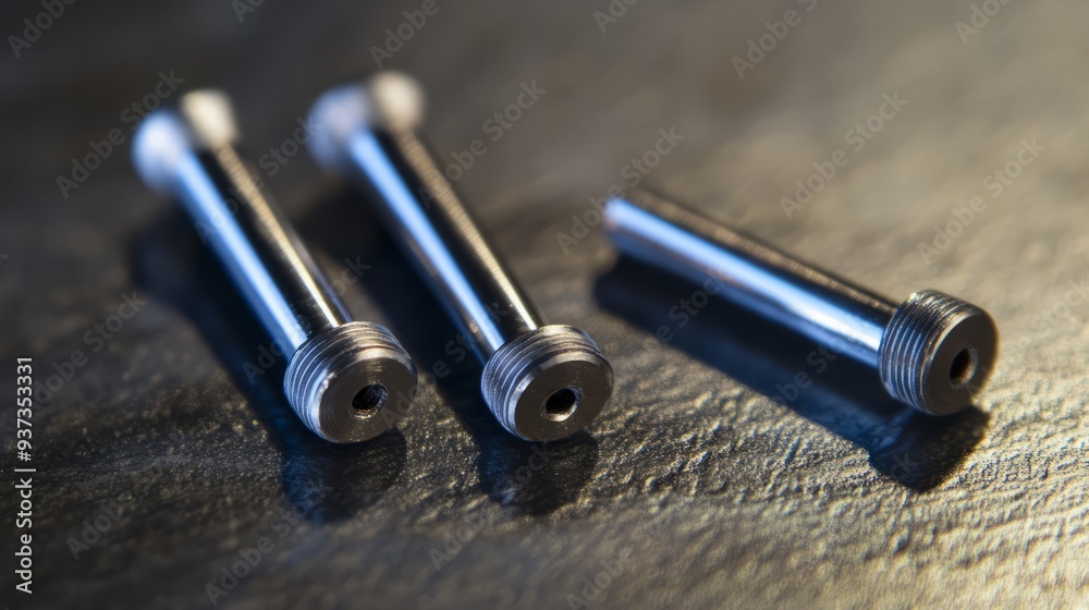 Precision Machined Components: Close-up of three polished steel dowel pins, showcasing their smooth surfaces and precise dimensions. Precision Machined Components: Close-up of three polished steel dowel pins, showcasing their smooth surfaces and precise dimensions.