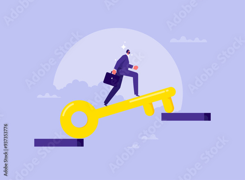 Concept of solution to problem solving. businessman using key instead of bridge and jumping over abyss symbolizing success, right solutions. , business, right decision, plan, success, good work
