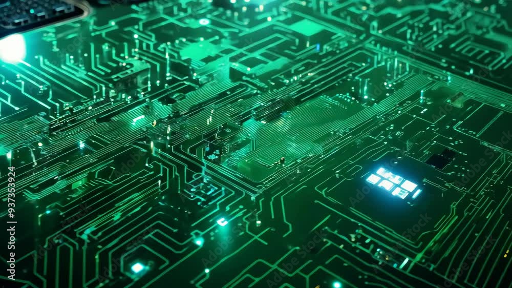 Exploring intricate green circuit board patterns under bright lighting in a high-tech environment Exploring intricate green circuit board patterns under bright lighting in a high-tech environment