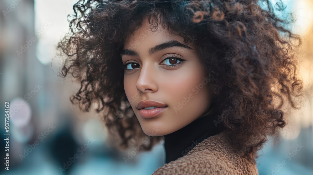 Portrait of a Stylish Young Woman with Curly Hair Against City Background Portrait of a Stylish Young Woman with Curly Hair Against City Background