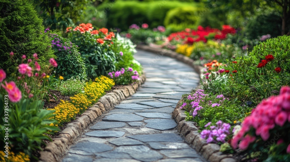 A beautiful garden pathway lined with colorful flowers and green shrubs, peaceful nature retreat concept A beautiful garden pathway lined with colorful flowers and green shrubs, peaceful nature retreat concept