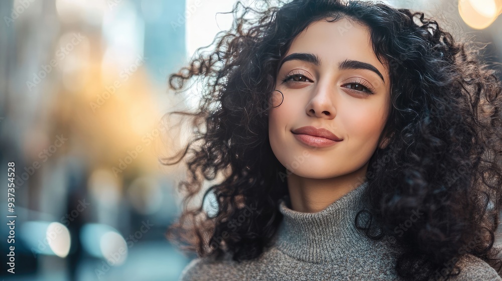 Portrait of a Stylish Young Woman with Curly Hair Against City Background Portrait of a Stylish Young Woman with Curly Hair Against City Background