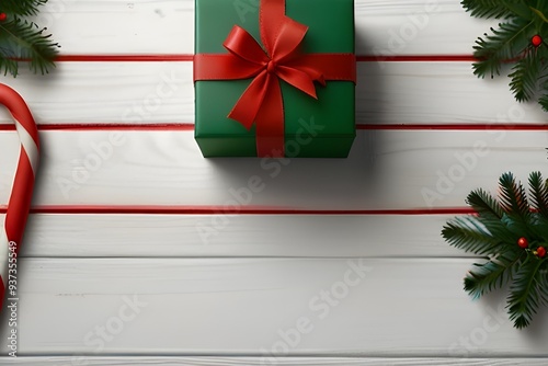 Christmas background concept. Top view of Christmas green gift box with candy cane, snowflakes, red berries and bell on white wooden background. Generative AI photo