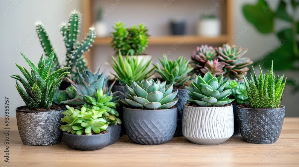 A beautiful indoor succulent garden with a variety of plants in modern pots, home decor and greenery concept A beautiful indoor succulent garden with a variety of plants in modern pots, home decor and greenery concept