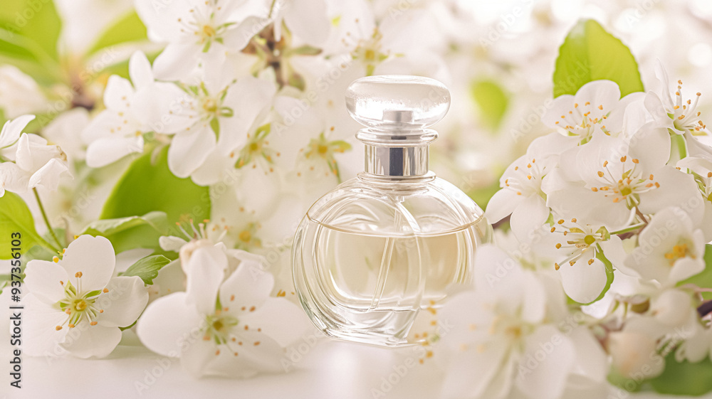 Perfume bottle with beautiful flowers. Beauty concept. Flat lay, top view
