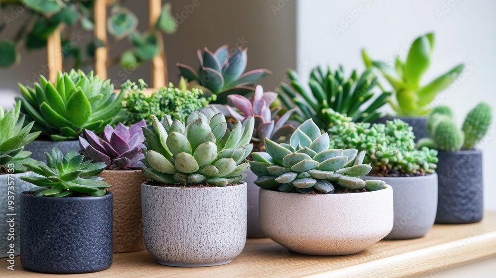 A beautiful succulent garden with a variety of plants in modern pots, home decor and greenery concept A beautiful succulent garden with a variety of plants in modern pots, home decor and greenery concept