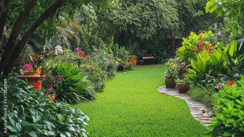 A lush green garden with a variety of plants and flowers, peaceful nature retreat concept and space for text A lush green garden with a variety of plants and flowers, peaceful nature retreat concept and space for text