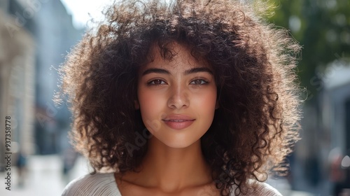 Portrait of a Stylish Young Woman with Curly Hair Against City Background