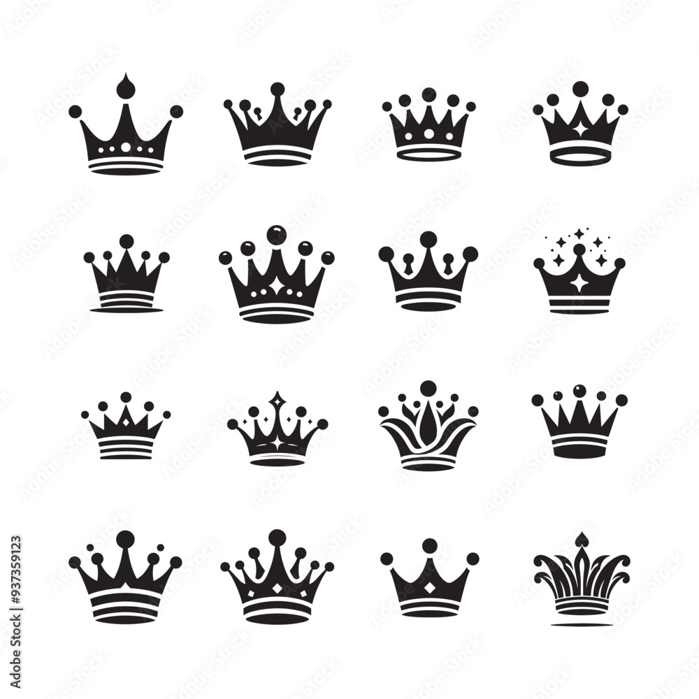 Elegant and modern crown silhouette logo icons set. This creative bundle offers minimalist vector illustrations of crowns, ideal for use in luxury branding, logos, and professional design projects Elegant and modern crown silhouette logo icons set. This creative bundle offers minimalist vector illustrations of crowns, ideal for use in luxury branding, logos, and professional design projects