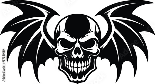 skull with wing silhouette illustration black and white