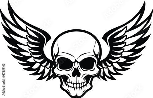 skull with wing silhouette illustration black and white