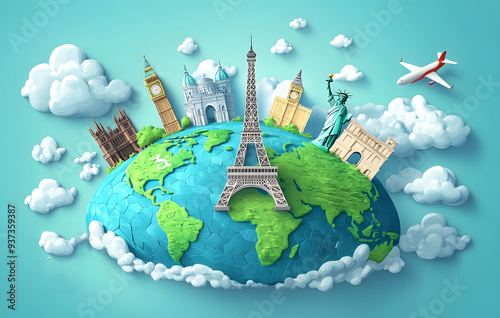 Illustration of a trip around the world, featuring famous landmarks on a globe. The artwork showcases various iconic monuments and creates a world travel background. photo