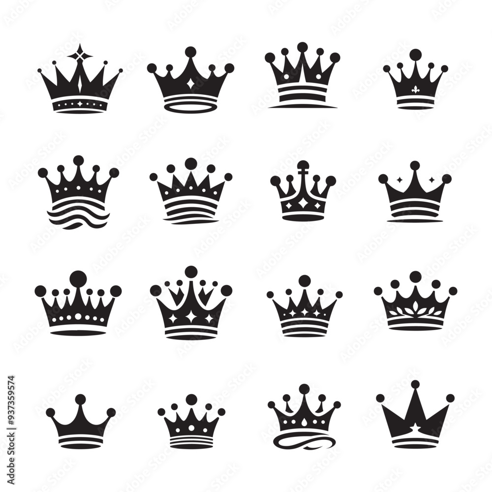 Stylish and creative crown logo icon set with minimalist silhouette design. This vector bundle includes a variety of crown shapes, perfect for modern branding, logo creation, and graphic design work. Stylish and creative crown logo icon set with minimalist silhouette design. This vector bundle includes a variety of crown shapes, perfect for modern branding, logo creation, and graphic design work.
