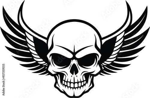 skull with wing silhouette illustration black and white