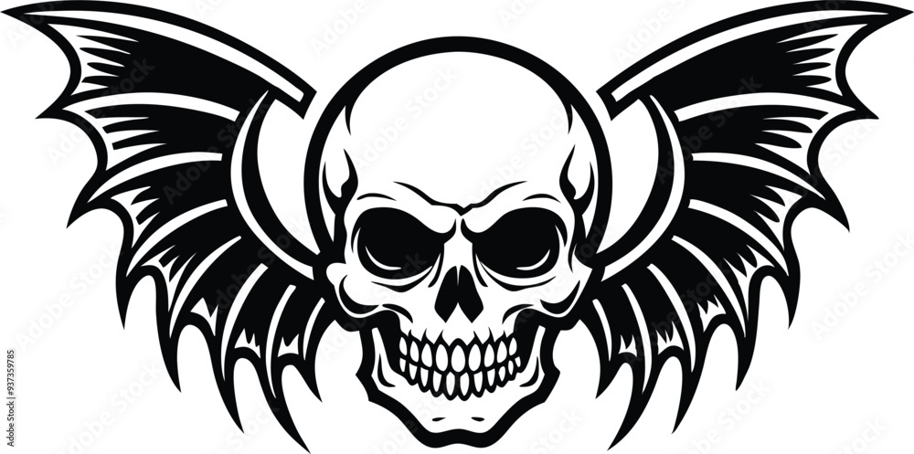 skull with wing silhouette illustration black and white