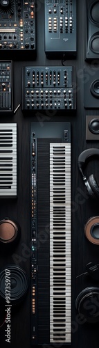 Topdown view of a music production setup with a keyboard, monitor, headphones, and other equipment on a dark desk Moody lighting, sharp details, and a minimalist composition