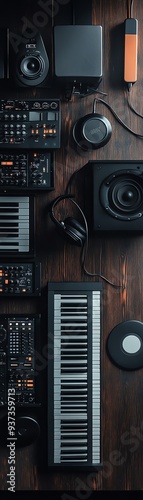 Topdown view of a music production setup with a keyboard, monitor, headphones, and other equipment on a dark desk Moody lighting, sharp details, and a minimalist composition photo