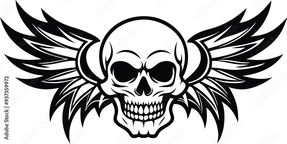 skull with wing silhouette illustration black and white skull with wing silhouette illustration black and white