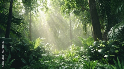 A lush green tropical rainforest with towering trees and dense foliage, peaceful nature retreat and exploration concept