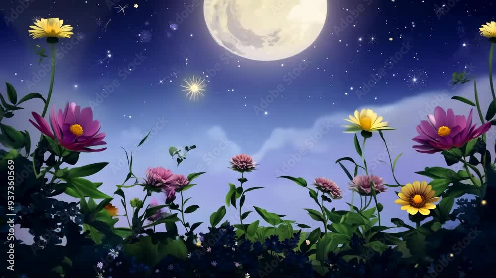 Starlit night with blooming flowers under a bright moonlit sky in a serene landscape Starlit night with blooming flowers under a bright moonlit sky in a serene landscape