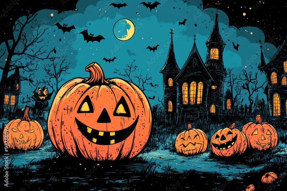 Fototapeta premium Cute halloween characters posing with pumpkins on brick wall