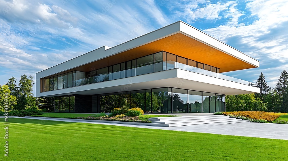 Modern House with Large Windows and a Green Lawn Photo Modern House with Large Windows and a Green Lawn Photo