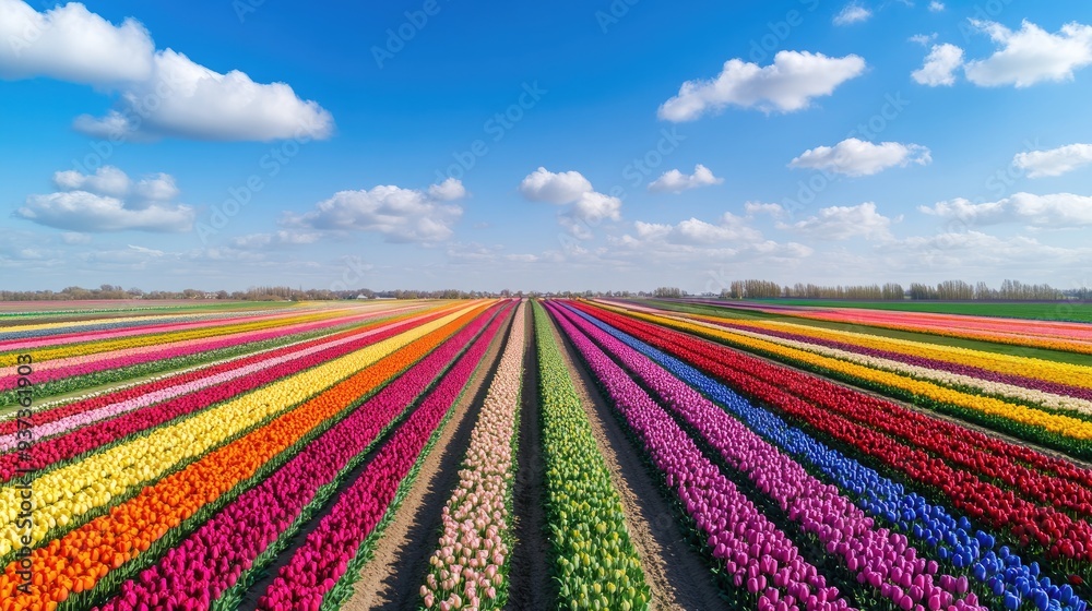 Aerial view of a colorful tulip field in spring, rows of vibrant flowers and blue sky, beautiful landscape Aerial view of a colorful tulip field in spring, rows of vibrant flowers and blue sky, beautiful landscape