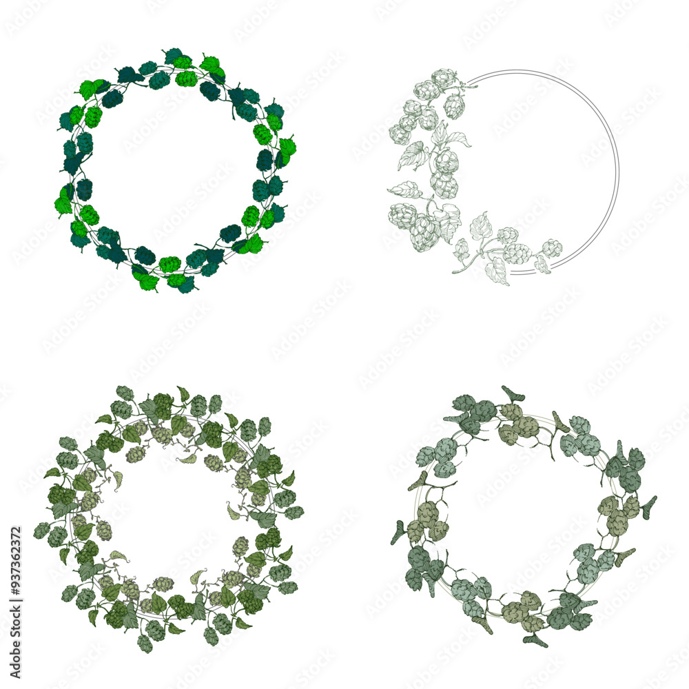 Circle frame with Hops. Hand drawn round line border, leaves and flowers, wedding invitation and cards, logo design and posters template. Elegant minimal style floral vector isolated Circle frame with Hops. Hand drawn round line border, leaves and flowers, wedding invitation and cards, logo design and posters template. Elegant minimal style floral vector isolated