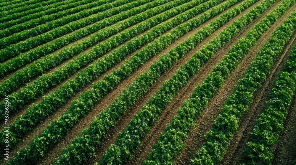 Aerial view of a green agricultural field with rows of crops, sustainable farming and environmental conservation Aerial view of a green agricultural field with rows of crops, sustainable farming and environmental conservation