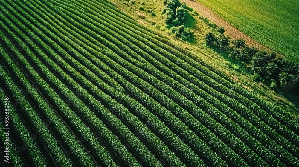 Aerial view of a green agricultural field with rows of crops, sustainable farming and environmental conservation Aerial view of a green agricultural field with rows of crops, sustainable farming and environmental conservation
