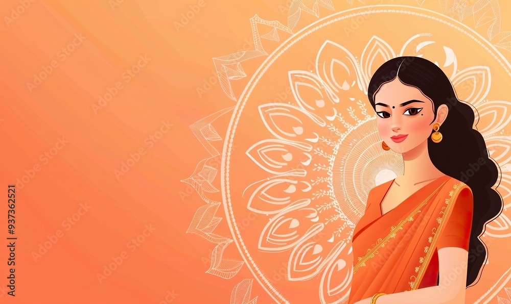 dressed in traditional Indian saree with white rangoli pattern solid peach background. generative ai dressed in traditional Indian saree with white rangoli pattern solid peach background. generative ai