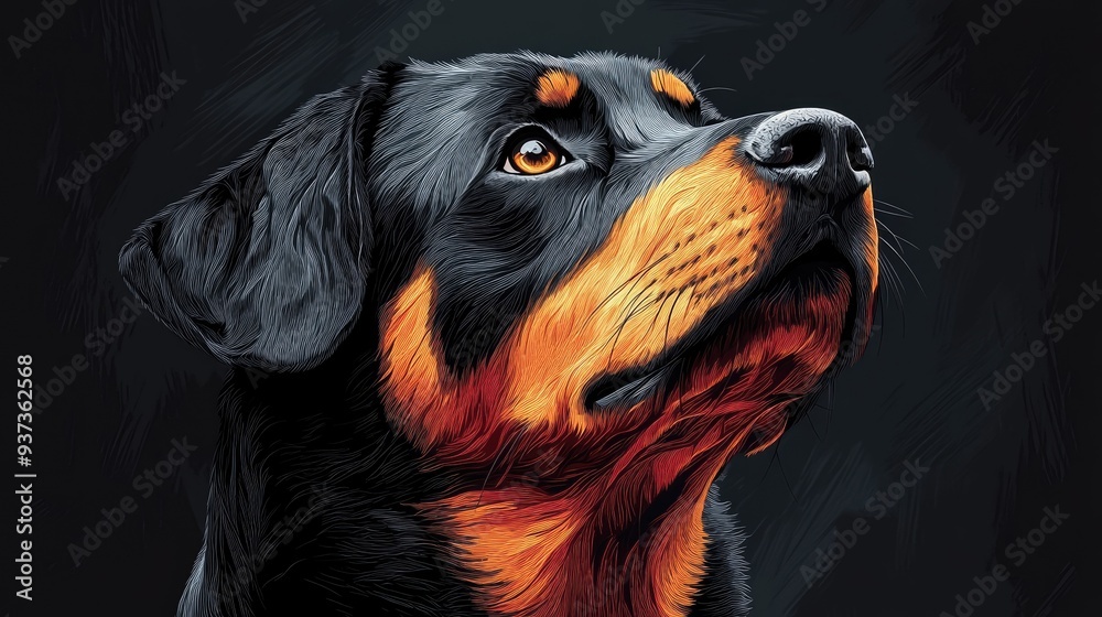 Black and tan rottweiler dog looking upwards portrait Black and tan rottweiler dog looking upwards portrait