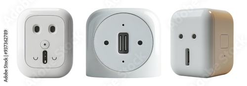 Smart plugs set isolated on transparent background with different designs and configurations.